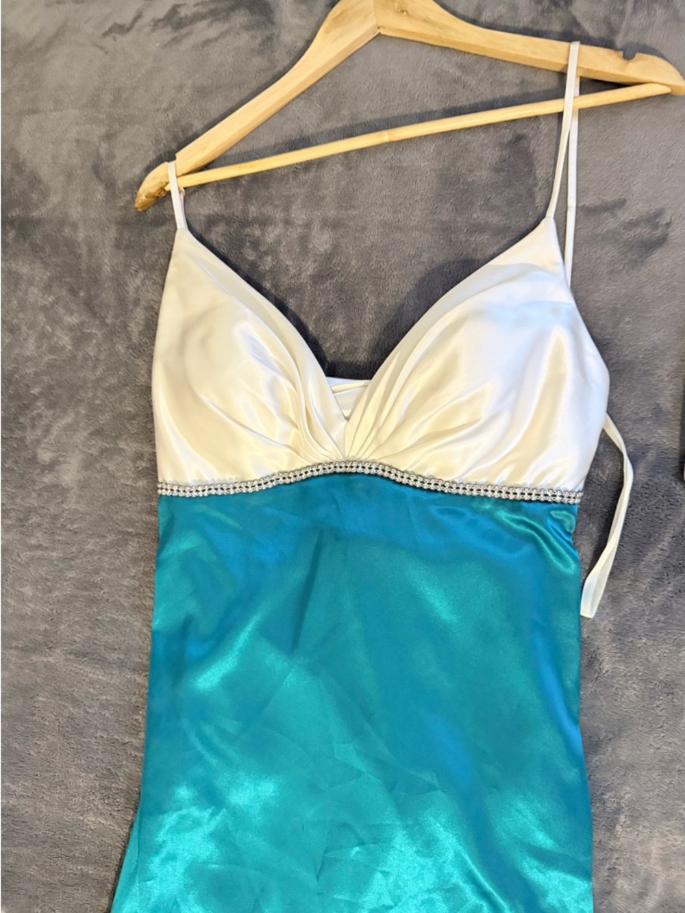 White & Teal Satin Prom Dress with Rhinestone Trim